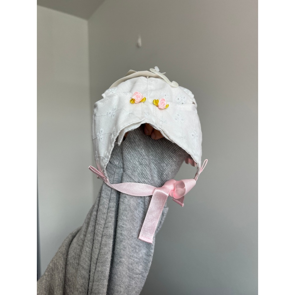 Vintage NWT Toby NYC Infant Girl Pink Rose White Eyelet Bonnet Hat 12" Cottageco